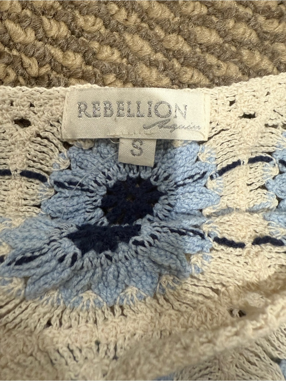 Rebellion Cream Crochet Top and mini skirt with Light Blue and Navy Floral Detai - Picture 2 of 2